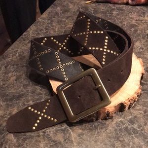 Brown genuine leather studded gold belt